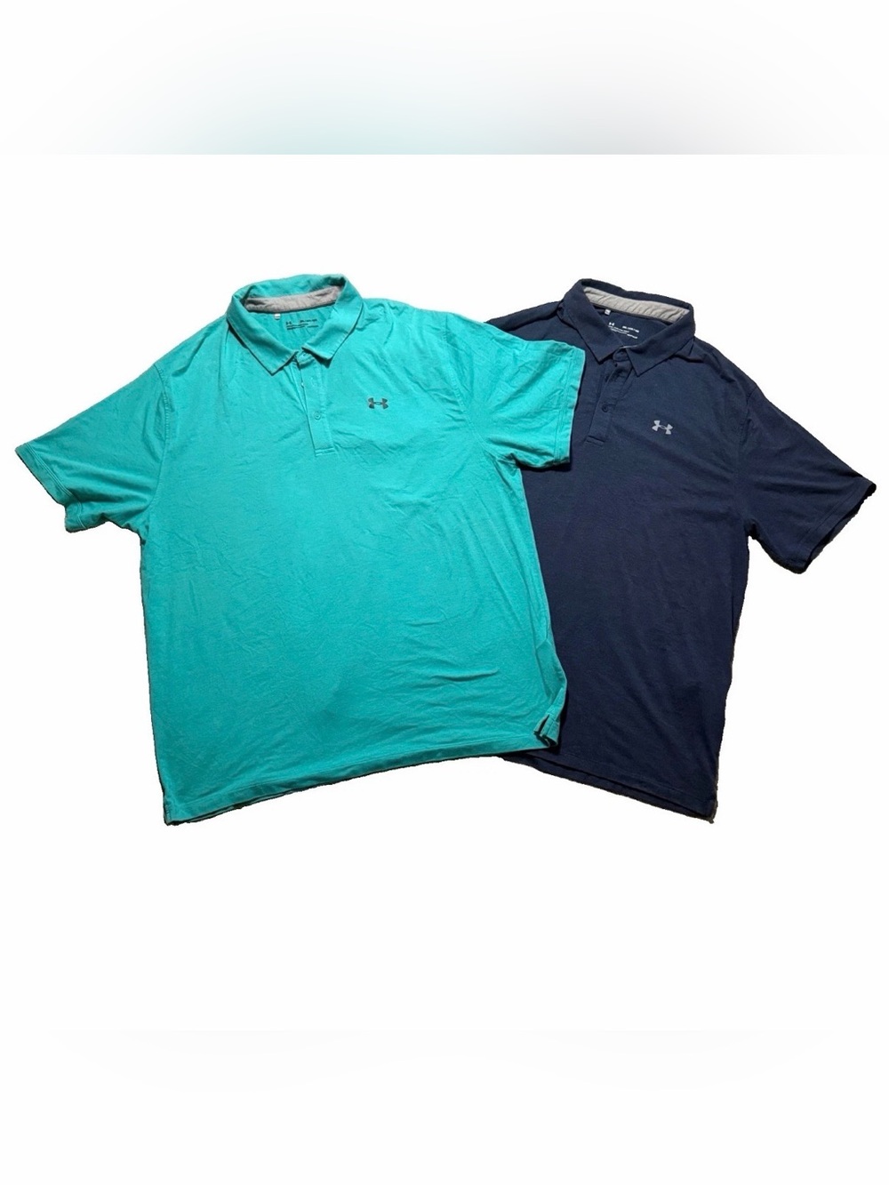 Lot 2 Under Armour Men’s 3XL Loose Headgear Polo Shirts Turquoise Navy Blue Logo